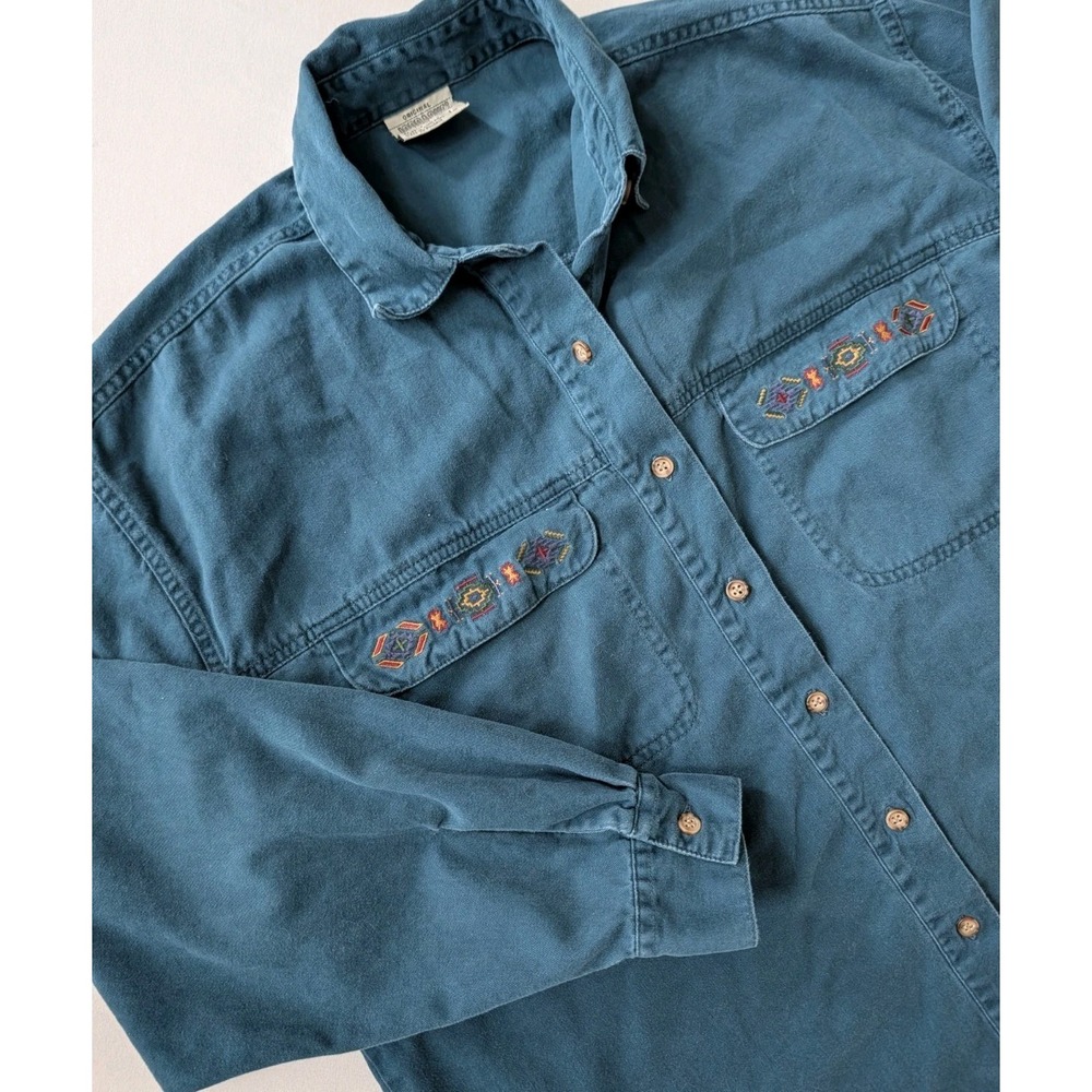 VTG Jordache Shirt Womens Lg  Blue Denim Cotton Button Up Southwestern Embroider